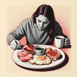 looking down at a plate of breakfast foods and coffee, detailed, editorial illustration, halftone texture, risograph, dynamic pose, matte print, grainy light, centered perspective, ( ( dither ) ), high contrast, silver + red + black + beige, screen print, dramatic lighting