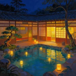 painting of night time intimate empty traditional onsen with glowing water spirits by small inn floating lanterns by artgerm mullins rutkowski mucha without people bonsai zen garden warm inn bioluminescence traditional japanese architecture concept art fantasy octane raytracing vivid color indirect light artstation