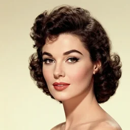 1950s vintage art of a beautiful model with dark curly hair and round blue eyes in a red swimsuit, high quality, highly detailed, vintage art, 1950s, vivid