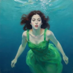 portrait painting of a woman underwater wearing a green dress by erika craig