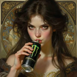 photorealistic portrait of a young girl drinks monsyer energy, female, masculine, upper body, fantasy, fierce, sharp features, intricate, elegant, highly detailed, digital painting, artstation, concept art, matte, sharp focus, illustration, art by artgerm and greg rutkowski and alphonse mucha