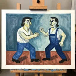 A Still life style Monotype made with Gouache on Easel Paper of A Troublesome Affected Pleaser mugging A Maintenance & Repair Worker in the style of Pablo Picasso