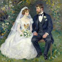 a renoir painting of a dog bridegroom with cat bride