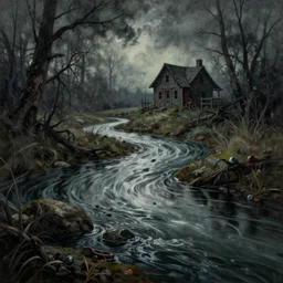 grunge painting of a horror river. in the distance, there is a haunted shed. by bob ross, albert bierstadt, immaculate scale, hyper - realistic, trending on artstation, 8 k, detailed, atmospheric, immaculate