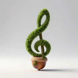a 3D rendering of an acorn that turns into a tree in the shape of a treble clef, modern and minimal