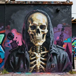 graffiti painting of a rapper skeleton in the style of hiphop