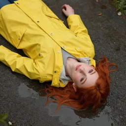 1:3 composition, high angle perspective,portrait of a red haired girl in a yellow raincoat, lying on her back in puddles of water on a dark surface, photorealistic, detailed, 3d render