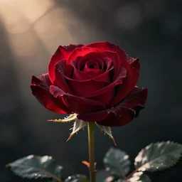 a realistic photo of a dark-red rose, Romantic, dark background, lit by morning light, beautiful photo