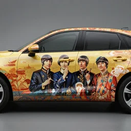 A High quality award winning photo of a car with the bodywork painted with a ancient chine art style of the beatles, ancient china art style, car paint, ancient china style of the beatles, car paint the batles