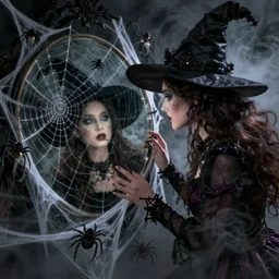 a beautiful witch looks at her reflection, spiders and spiderwebs everywhere, elegant design, haunting atmosphere, dark lighting, gothic, horror style, scary, swirling fog, volumetric lighting, by greg rutkowski, dutch angle,