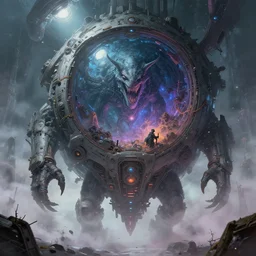 monster inside of a derelict alien spacecraft mothership concept art artwork by masanori warugai, intricate detailed 4 k, soft light, volumetric fog, soft glow, eerie, urban fantasy, colorful