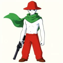 a drawing of a person with white skin, green scarf, red hat and trousers, with a gun, concept art by ken sugimori, featured on pixiv, rayonism, 2 d game art, official art, flat shading