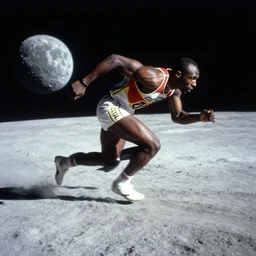 usain bolt racing on the moon, kodachrome film