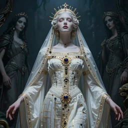 masterpiece portrait sacrificial cultist bride girl, by artgerm, h. r. giger, edmund leighton, haunting background by zdizslaw beksinski, james jean, elegant ceremonial robe details by gustave klimt, magick, volumetric lighting, porcelain skin, entranced, high detail, hyper photorealism, low angle, trending on artstation 8 k