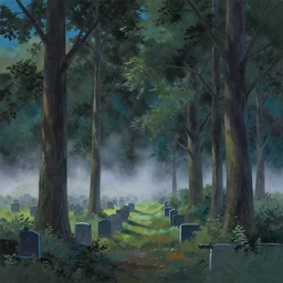landscape forest, cemetery in far distance, mist, evening, gouache matte painting by makoto shinkai