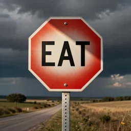 A photo of a stop sign saying EAT