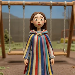 a closeup portrait of a woman wearing a cloak made of ribbons, standing next to an empty swing playground, stop motion animation, claymation, anomalisa, 8 k, medium - format print