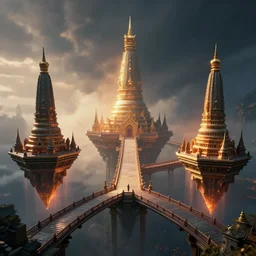 floating temples connected by bridges, dramatic lighting, epic, octane render, volumetric light, unreal engine, artbreeder, 8 k, background, scene, digital, artwork, high quality, 8 k