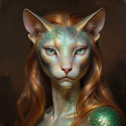 detailed portrait in femininity, regal alien, feline, realistic face sculpted features, reflective clear eyes, statuesque model, opalescent skin, silky hair, warm glow, bathed in light, chiaroscuro, shimmering scales, biomorphic, organic impressionism, dappled backdrop, deep rich tones, burnt sienna and emerald color palette, painterly