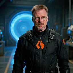 film still of Walter White !!!with hair on his head!!! as Gordan Freeman in an underground lab facility wearing a black HEV suit with an orange lambda logo in front with a glowing blue portal in the background in the Half Life Movie, 4k