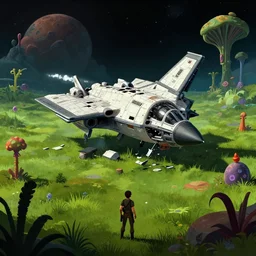 in front of a crashed fighter spacecraft on a remote grass covered planet with strange plants, from a space themed point and click 2 d graphic adventure game, art inspired by tomb raider and thomas kinkade