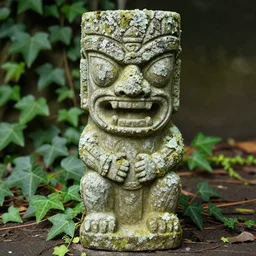 award winning photo of an ancient statue of a cute tiki covered in lichen with ivy on the ground