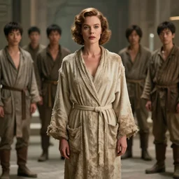 young lauren bacall as a mad mother in a tattered bathrobe : costume design concept for a scifi film. by greg rutkowski, john j. park, jason chan, noah bradley, feng zhu, gintas galvanauskas. sharp focus, cinematic atmosphere, detailed and intricate, perfect anatomy