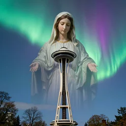 overlay of virgin mary, low transparency, layered onto brilliant, vibrant aurora large sky above seattle space needle, hirgh ] ealistic, highly detailed photo