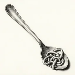 a large knotted spoon, alchemical drawing, ink on paper, anatomical drawing, durero, 8 k, 3 d render, highly detailed,