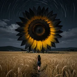 giant black sunflower face, girl walking in wheat field, hills, surreal photography, dark night, star trails, dramatic light, impressionist painting, clouds, digital painting, artstation, simon stalenhag