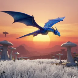 Blue dragon flying over a sunset on an alien world, in the style of No Man's Sky. White grass, mushroom forest, mountains.