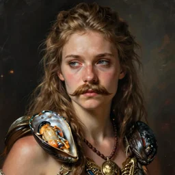 portrait of barbarian no skirt big mussels, warrior with sad eyes and trucker mustache. fantasy art. game character
