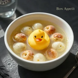 a delectable bowl of rubber duckie and donut and eyeball soup, food photography, trending on instagram, bon appetit, epicurious