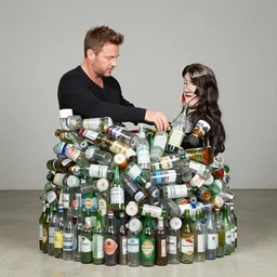 jerry trainor building a sculpture out of used bottles
