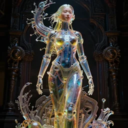 vibrant ultra clear sculpture of beautiful asian female, standing position by laurie greasley gustave dore ron english, cybernetics, low contrast, cinematic dramatic lighting, hyper realistic detailed intricate render, hypermaximalist, ornate, epic composition, 4 k 8 k, cryengine octane blender, sharp focus, concept art, masterpiece