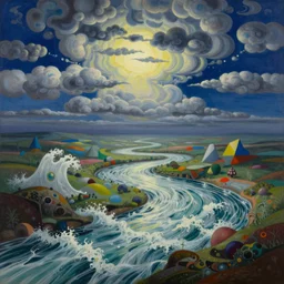 Psychedelic sci-fi dreamworld. Landscape painting. Organic. Winding rushing water. Waves. Clouds. Landscape by Alex Katz. Wayne Thiebaud. Paul Klee
