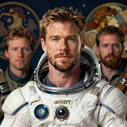 portrait of chris hemsworth in a space suit, artstation, by artgerm and greg rutkowski and alphonse mucha