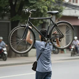 man carrying bicycle on his head
