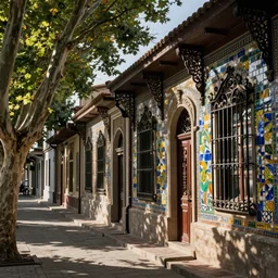 tree-lined street in a very old very beautiful city by  Nicholas Roerich and  Edmund Dulac , ornate wrought iron, strong dramatic cinematic lighting , colorful tiled architecture, lost civilizations, smooth, sharp focus, extremely detailed