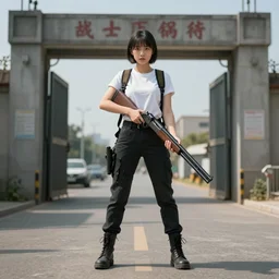 dooslayer girl stands with a shotgun in her hands near the adm gates, realism, proportions, quality