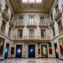 giant mansion room 4 stories tall with balconies and windows, walls filled with modern art paintings, doors that are cosmic portals, painting by Botticelli