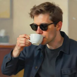 artistic beautiful work of art masterpiece featuring a man wearing sunglasses drinking a cup of tea