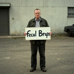 walter white holding a sign that says fecal braps, photo, wide shot, cinematic, gritty,