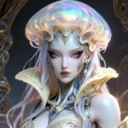 closeup portrait of an absurdly beautiful, graceful, sophisticated, fashionable cyberpunk mechanoid gravure idol, an ultrafine hyperdetailed illustration by irakli nadar, matt wisniewski style, marvel comic, intricate linework, porcelain skin, iridescent jellyfish headdress, fractal ivory carved ruff, unreal engine 5 highly rendered, global illumination, radiant light, detailed and intricate environment