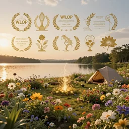 a dream flower garden near a lakeside campsite environment where one draws mystical energy into their lives, background art, pristine concept art, small, medium and large design elements, golden hour, in the style of WLOP and Ross Tran