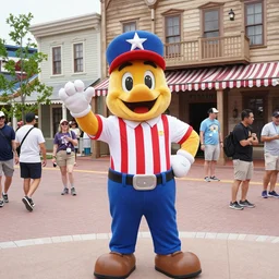 the extremely - american mascot of the america - land theme park, posing with american tourists inside the america - town attraction.