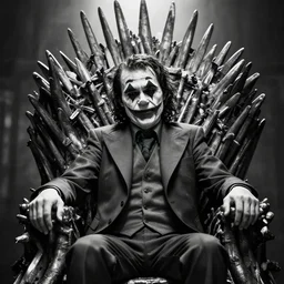 the joker on the iron throne, hd, 4 k, photorealistic, black and white