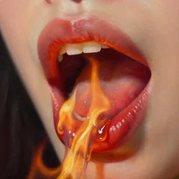liquid fire dripping from an open mouth, drooling fire, beautiful lips, flames, extreme closeup, macro lens, oil on canvas, sharp focus