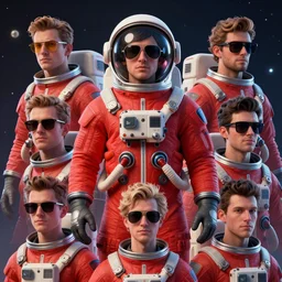 cool retro space explorer portraits. sunglasses red astronaut suit. unreal engine, artstation. craig mullins, ilya kuvshinov, greg rutkowski, artgem, dan mumford, josan gonzalez, victo ngai