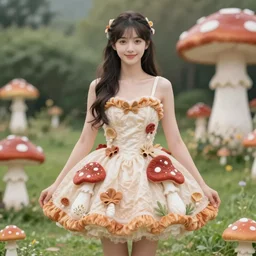 mushroom dress, beautiful girl, fantasy, han so - hee, friendly, pure, highly detailed, masterpiece, artstation, art by emika lightweaver and antoine collignon and akihiko yoshida